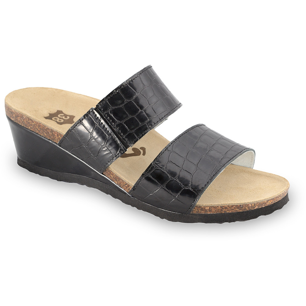 NATASHA Leder Damen Pantoffeln (36-42) - schwarz mit Muster, 42